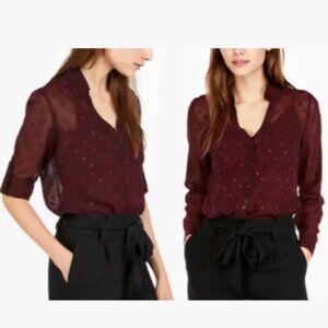 Express Women's Wine Red Slim Dotted Sheer Roll Tab Sleeve Portofino Shirt S/P